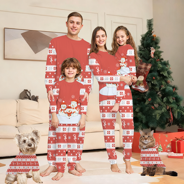 Picture of Family Pajama Set - Family Christmas Pajamas Set - Red Christmas Pattern Sleepwear - Crew Neck Pajamas