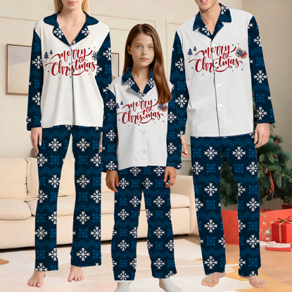 Picture of Family Pajama Set - Family Christmas Pajamas Set - Navy Blue Snowflake Merry Christmas Matching Family Pajamas