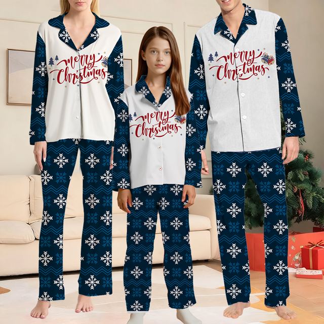 Picture of Family Pajama Set - Family Christmas Pajamas Set - Navy Blue Snowflake Merry Christmas Matching Family Pajamas