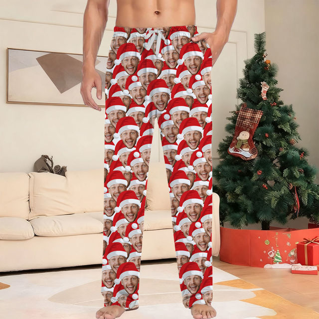 Picture of Custom Christmas Pajama Pants with Santa's Hat & Face - Pajama Bottoms - Christmas Gift for Family & Friends