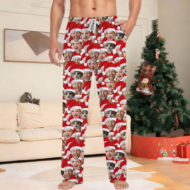Picture of Custom Christmas Pajama Pants with Santa's Hat & Face - Pajama Bottoms - Christmas Gift for Family & Friends