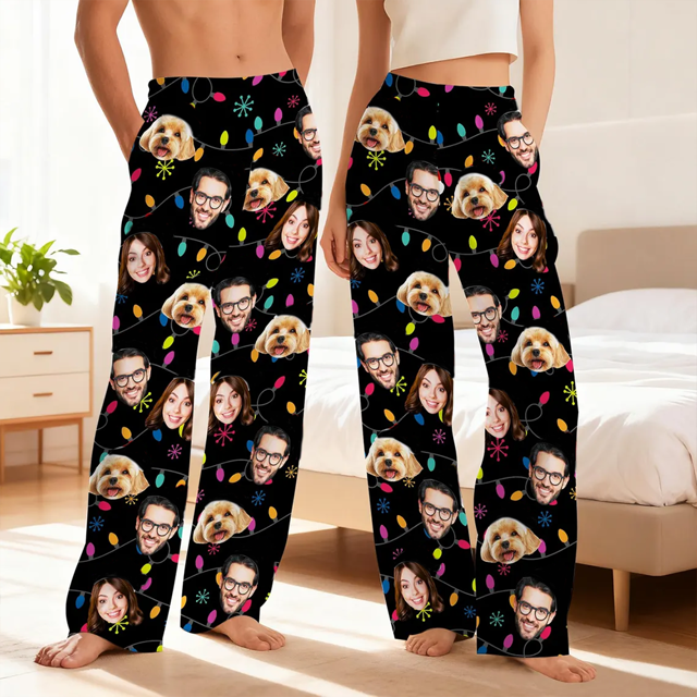 Picture of Custom Pajama Pants | Custom Face Christmas Pajama Pants | Colorful Christmas Lights