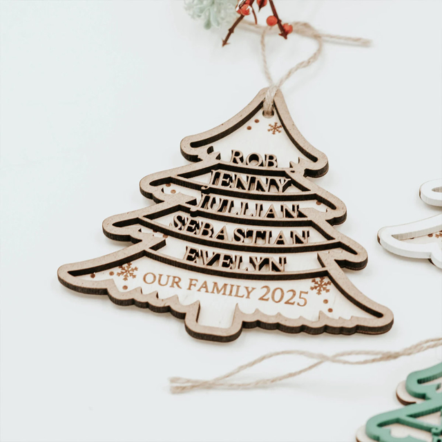 Picture of Personalized Tree Shaped Christmas Ornament | Family Christmas Ornament with Names | Wood Christmas Tree Decorations | Set of 3 Identical Signs