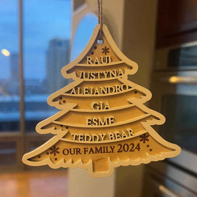 Picture of Personalized Tree Shaped Christmas Ornament | Family Christmas Ornament with Names | Wood Christmas Tree Decorations | Set of 3 Identical Signs