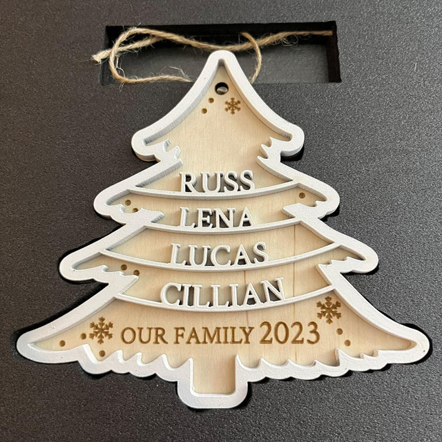 Picture of Personalized Tree Shaped Christmas Ornament | Family Christmas Ornament with Names | Wood Christmas Tree Decorations | Set of 3 Identical Signs